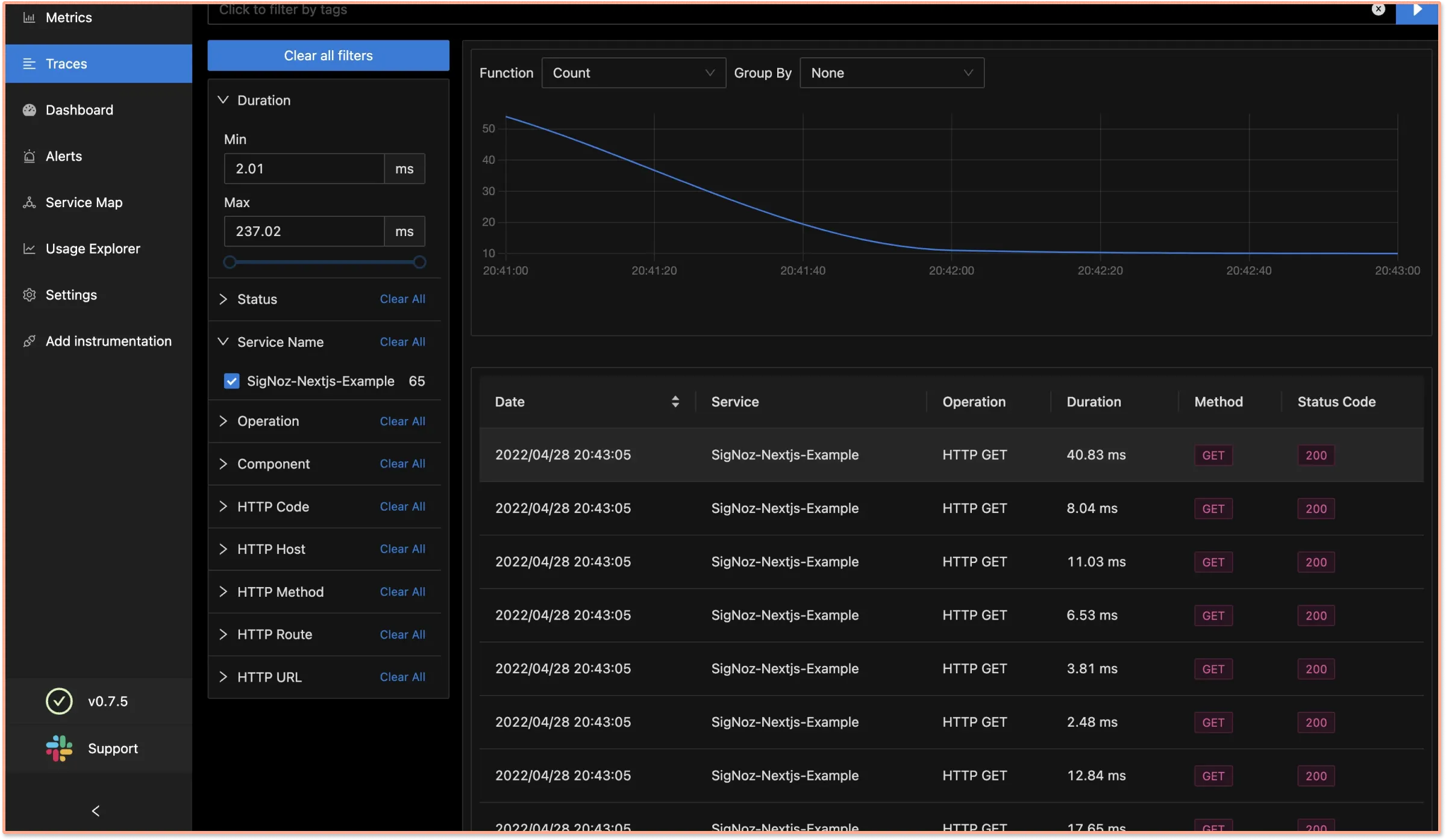 Traces tab on SigNoz dashboard