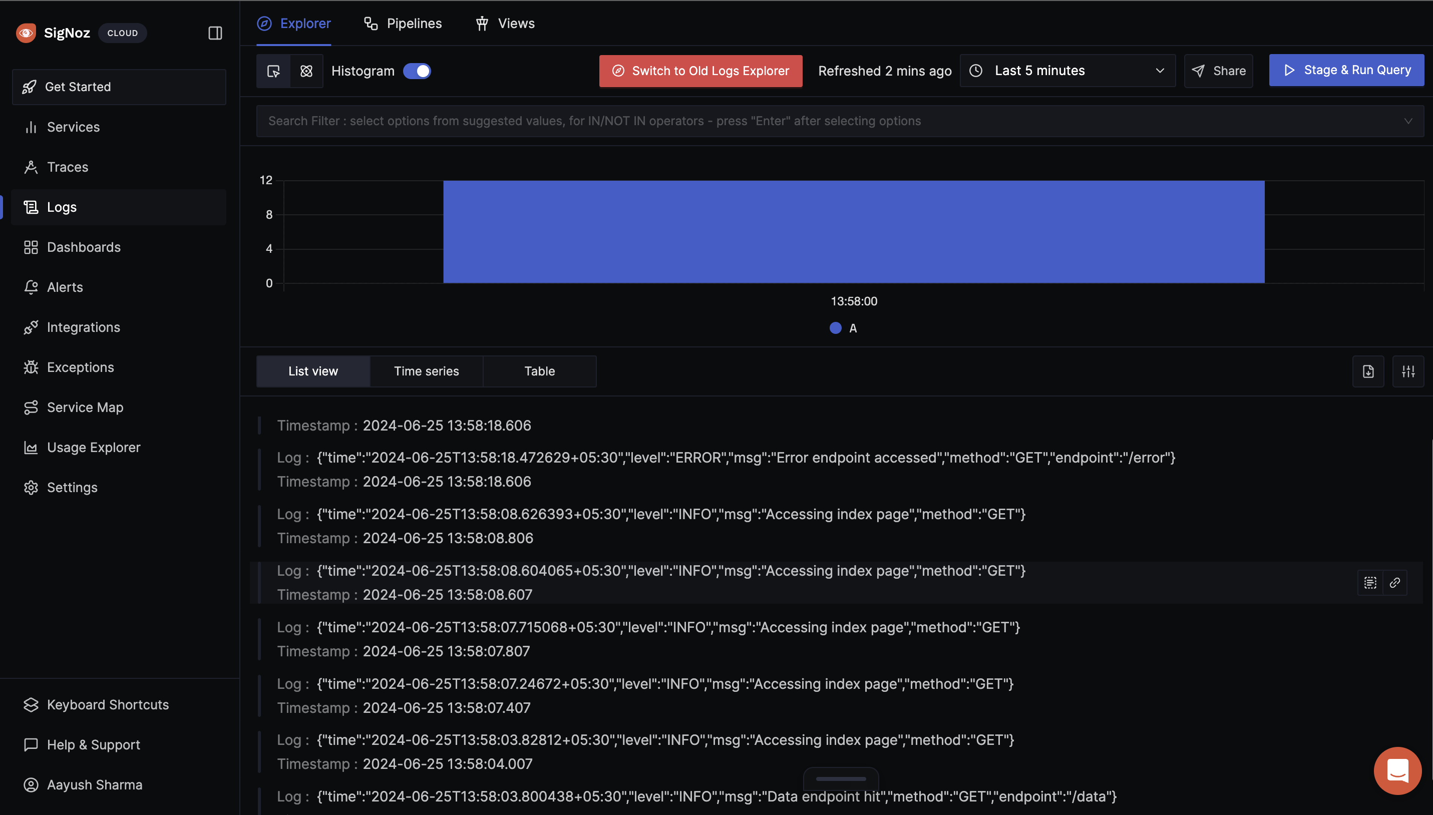 SigNoz localhost showcasing the log output of the above application.