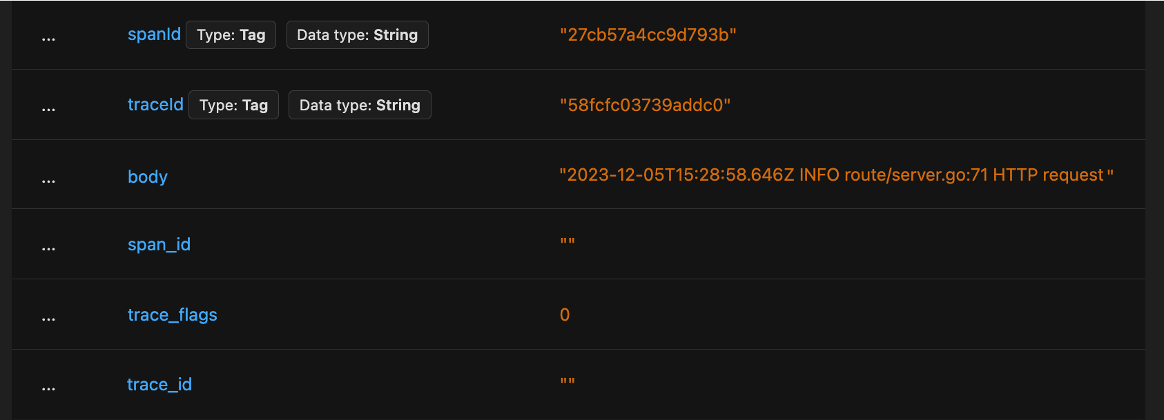 A log with trace information in log attributes named traceId and spanId, while span_id and trace_id fields are empty